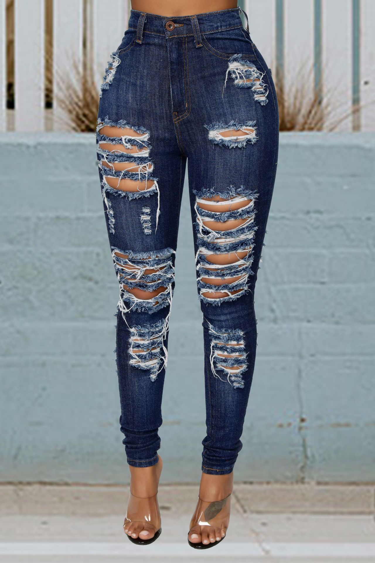 JL011 In Stock ripped jeans pant women pantalon high wasted scrunch bottom distress Female Denim Jeans