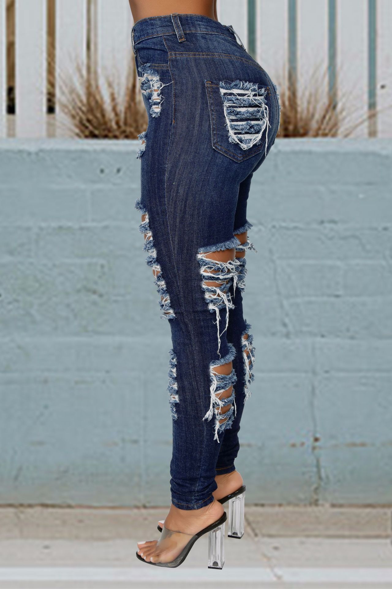 JL011 In Stock ripped jeans pant women pantalon high wasted scrunch bottom distress Female Denim Jeans