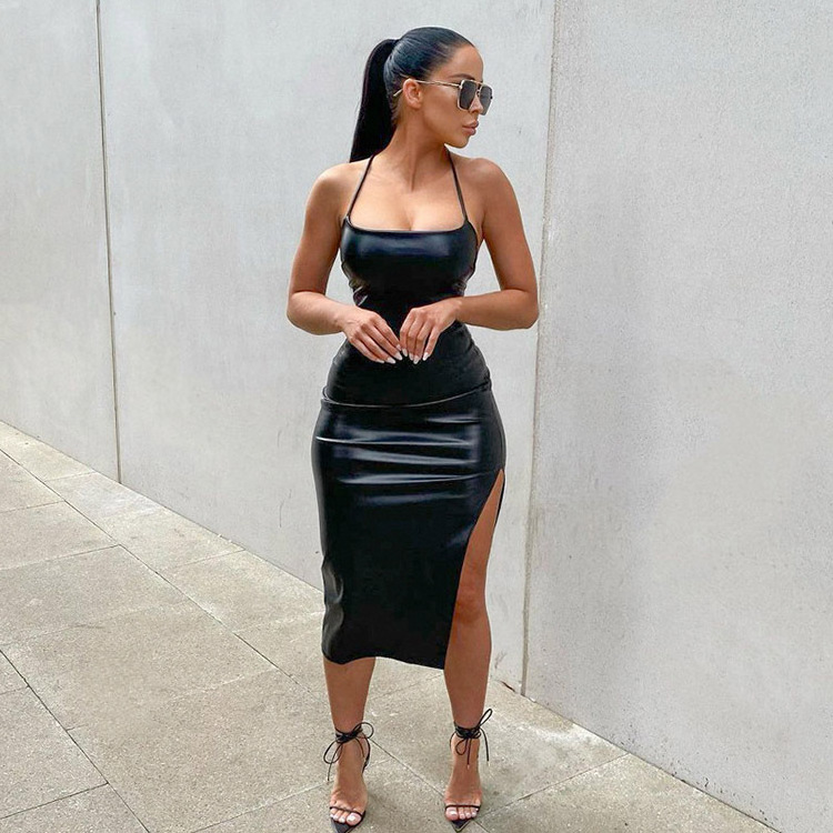 JL436 PU Black Party Summer Outfits Night Club Dresses Women Clothing 2022 Classy Lace Up Faux Leather Camisole Black Dress