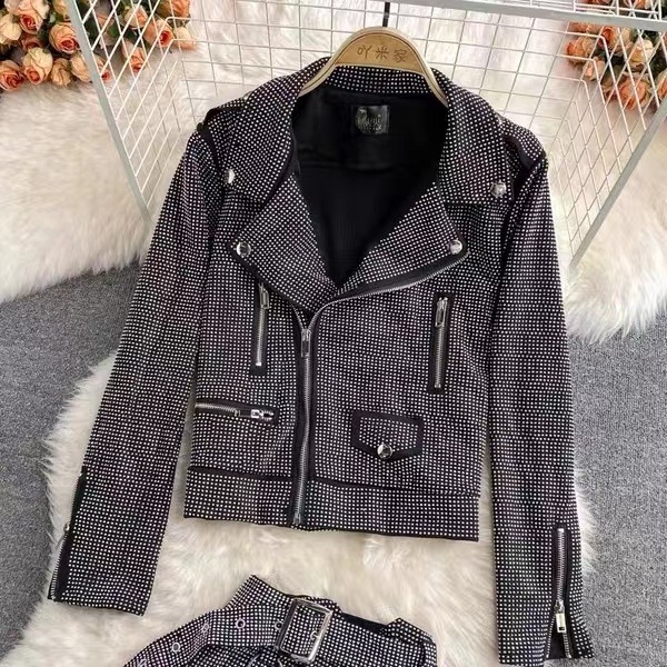 JL514 high quality women rivet Shiny Stone Fashion Black Bomber Jacket pure leather rhinestone jacket