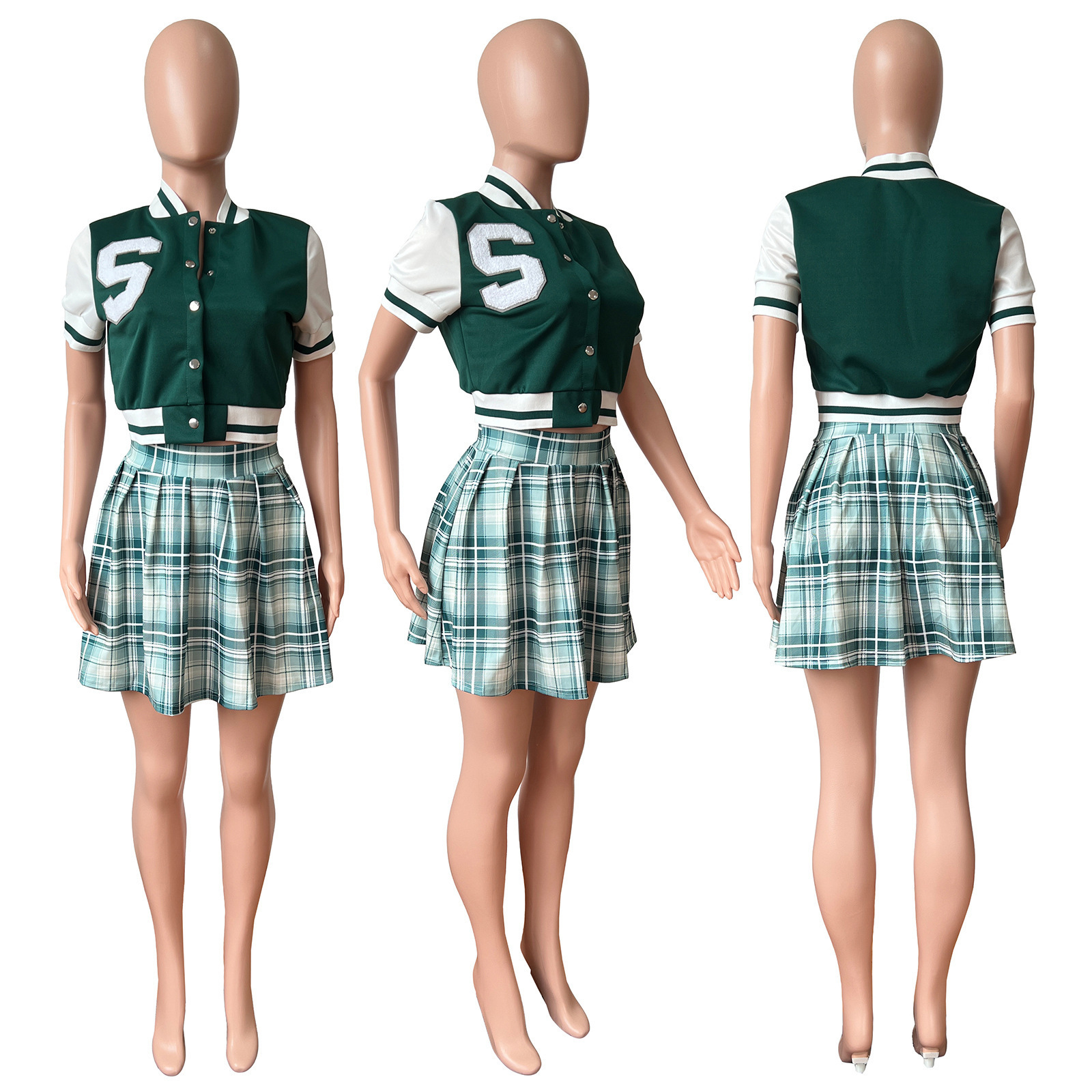 JL491 2022 Summer Outfits Two Piece Jersey Casual Plaid Dresses Cute Girls' Baseball Jackets 2 Piece Pleated Skirt Sets