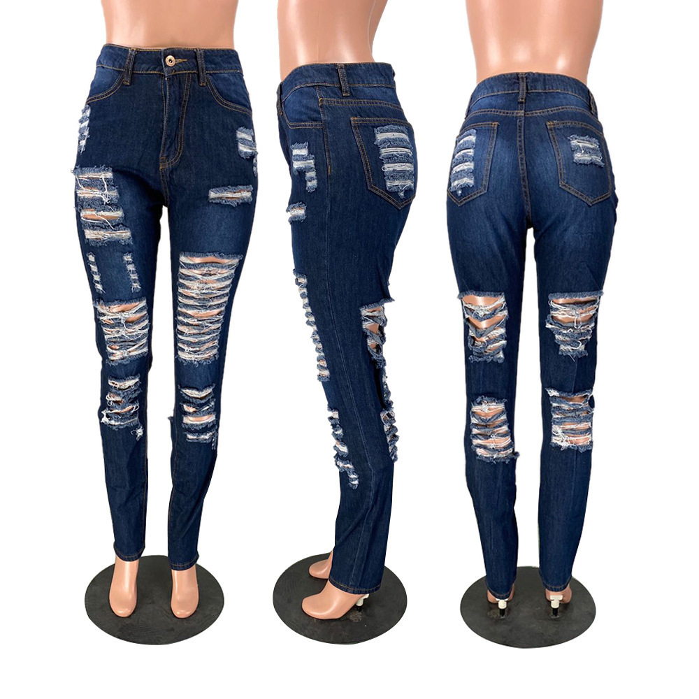 JL011 In Stock ripped jeans pant women pantalon high wasted scrunch bottom distress Female Denim Jeans