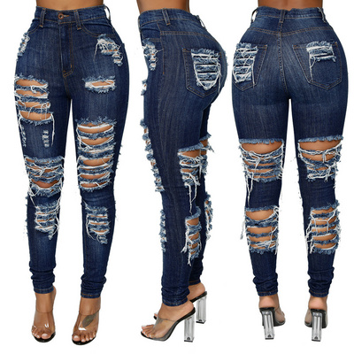 JL011 In Stock ripped jeans pant women pantalon high wasted scrunch bottom distress Female Denim Jeans