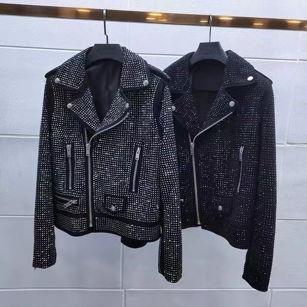 JL514 high quality women rivet Shiny Stone Fashion Black Bomber Jacket pure leather rhinestone jacket