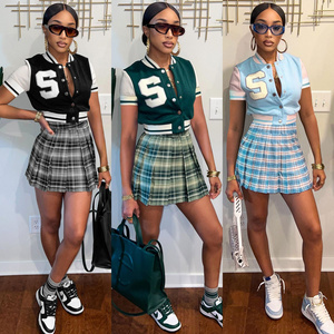 JL491 2022 Summer Outfits Two Piece Jersey Casual Plaid Dresses Cute Girls' Baseball Jackets 2 Piece Pleated Skirt Sets