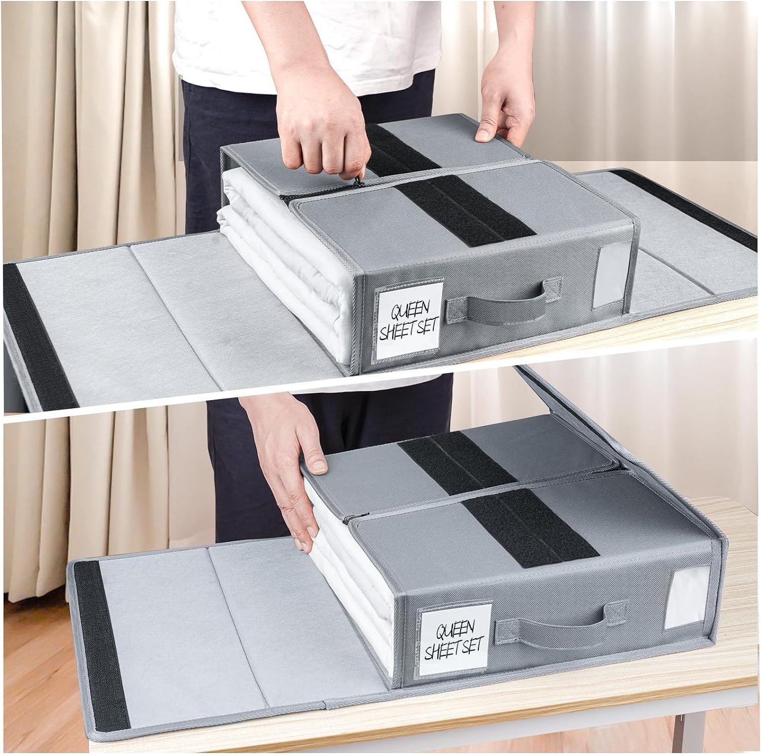 Sheet Organizer and Storage,Foldable Sheet Set Organizer With Labeled Window Handle Zipper Grey Cube Portable Storage Box