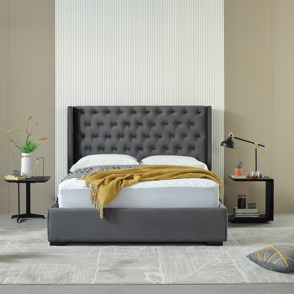 Bedroom Hotel New Button Tufted Headboard Linen Upholstered Bed Solid Wood Slat