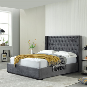 Bedroom Hotel New Button Tufted Headboard Linen Upholstered Bed Solid Wood Slat