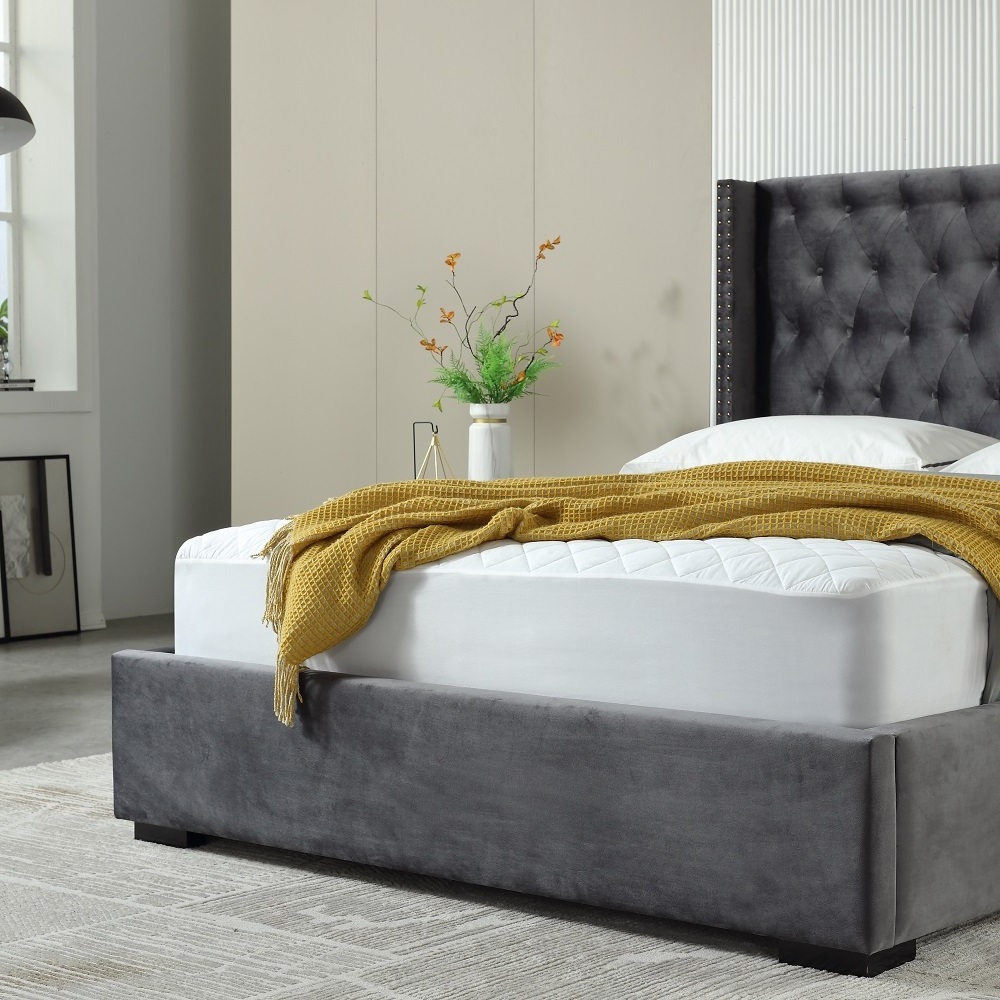 Bedroom Hotel New Button Tufted Headboard Linen Upholstered Bed Solid Wood Slat