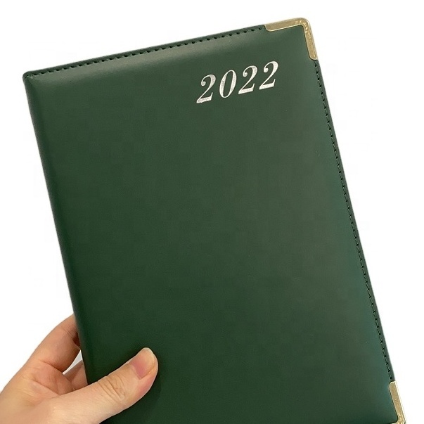 Cheap Wholesale Custom Diary A5 Pu Leather With Map Agenda Notebook Gold Edge And Metal Corner Green Color