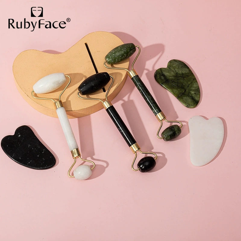 RubyFace  Jade Roller  quartz face roller gua sha beauty facial massage rose jade roller set for face with Hairband