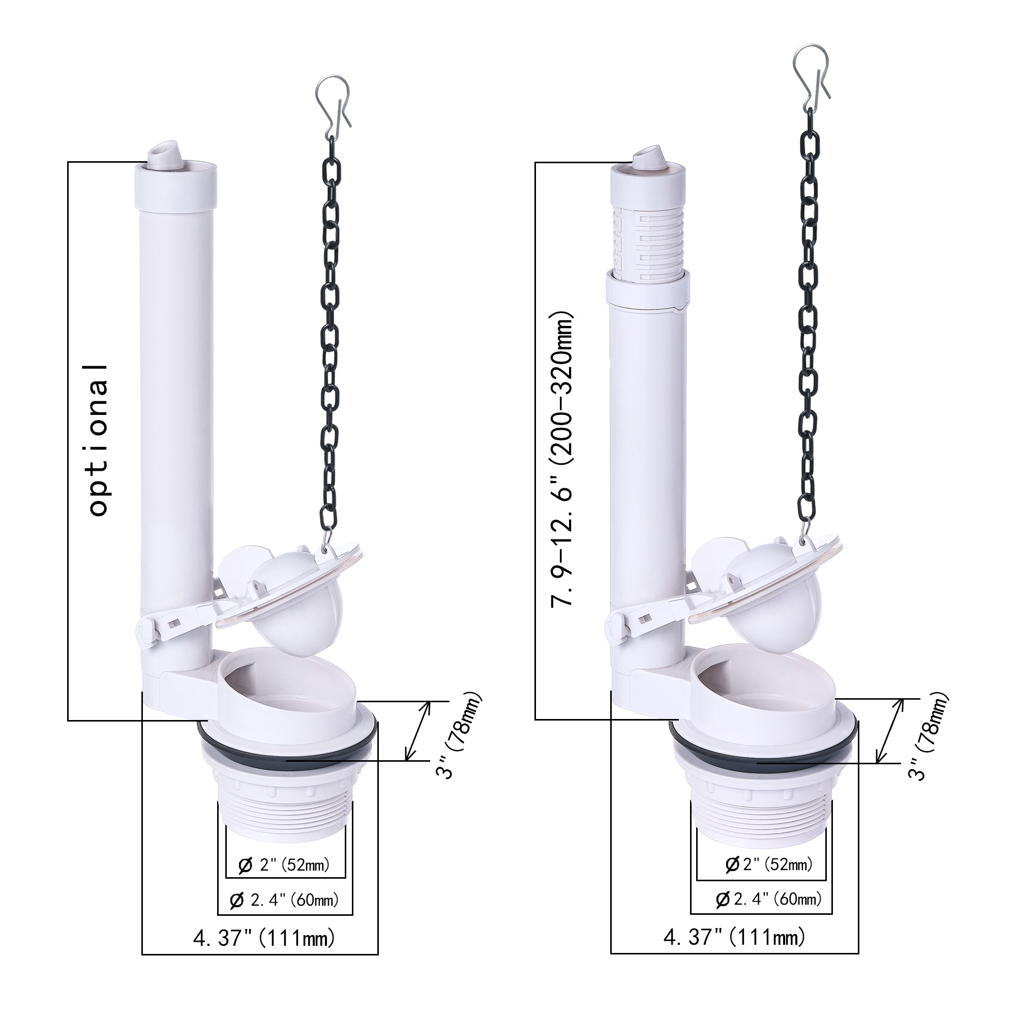 2'' Outlet Single Flush Valve Toilet Repair Kit With Adjustable Overflow Pipe