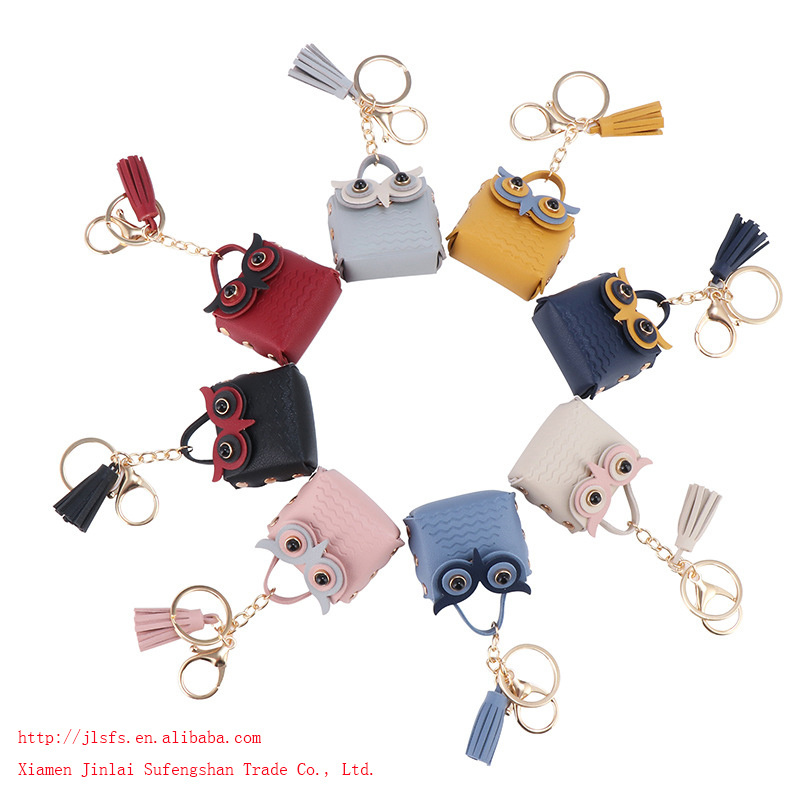 Multicolor Pu Owl Key Holder Rings Leather Animal Owl Small Bags Keychain Square Design Mini Coin Purse Tassel Pouch Bag Keyring