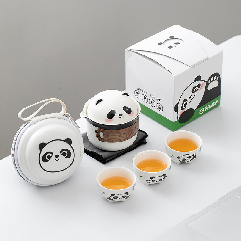 Cute 3D Panda Ceramic Tea Kettle and Infuser Cup Set with Bag Travel Tea Set