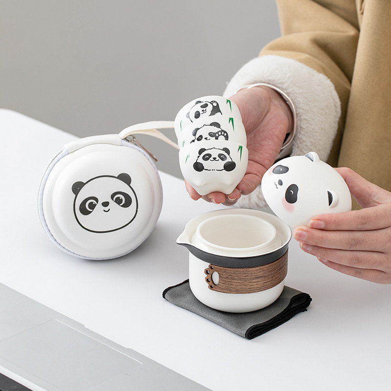 Cute 3D Panda Ceramic Tea Kettle and Infuser Cup Set with Bag Travel Tea Set