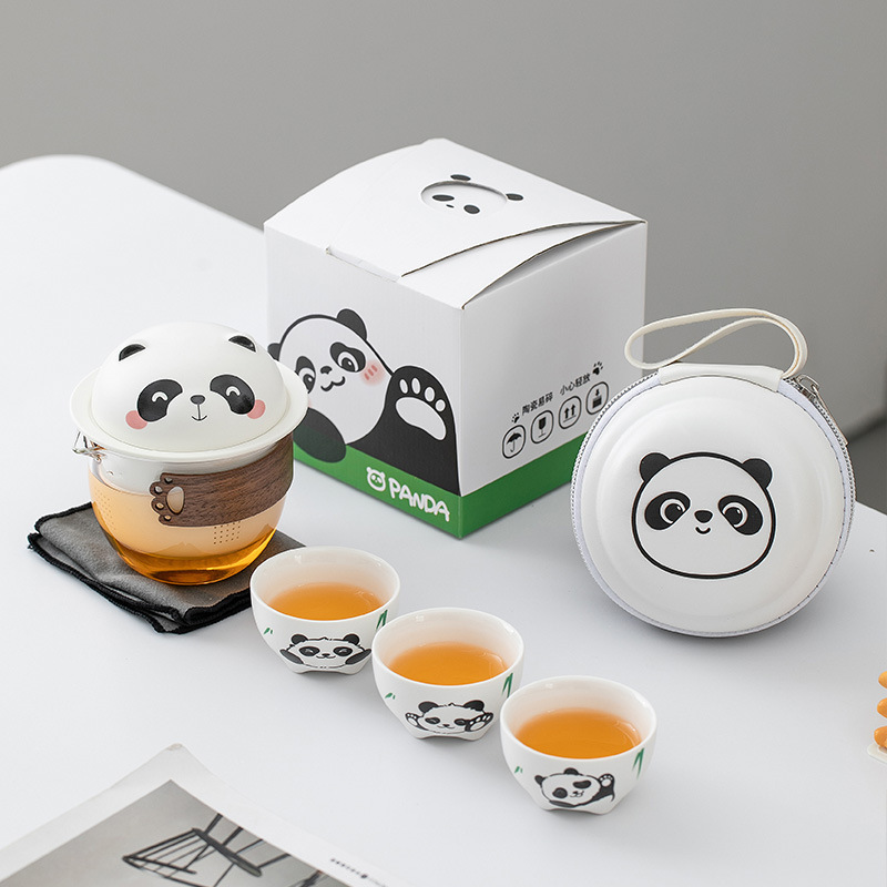 Cute 3D Panda Ceramic Tea Kettle and Infuser Cup Set with Bag Travel Tea Set