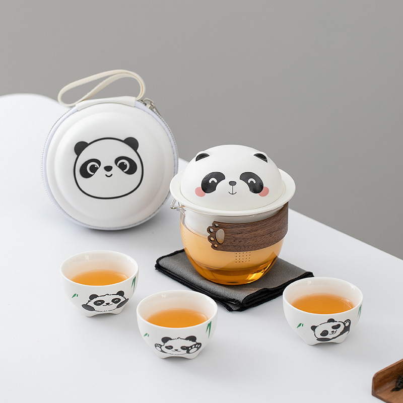 Cute 3D Panda Ceramic Tea Kettle and Infuser Cup Set with Bag Travel Tea Set