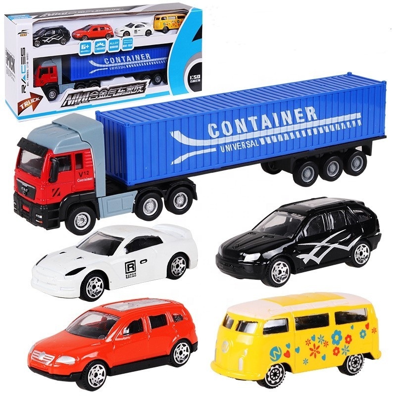 Hot 1:50 Alloy Container Truck 1 diecast truck model + 4 diecast model car With  Pullback diecast toys