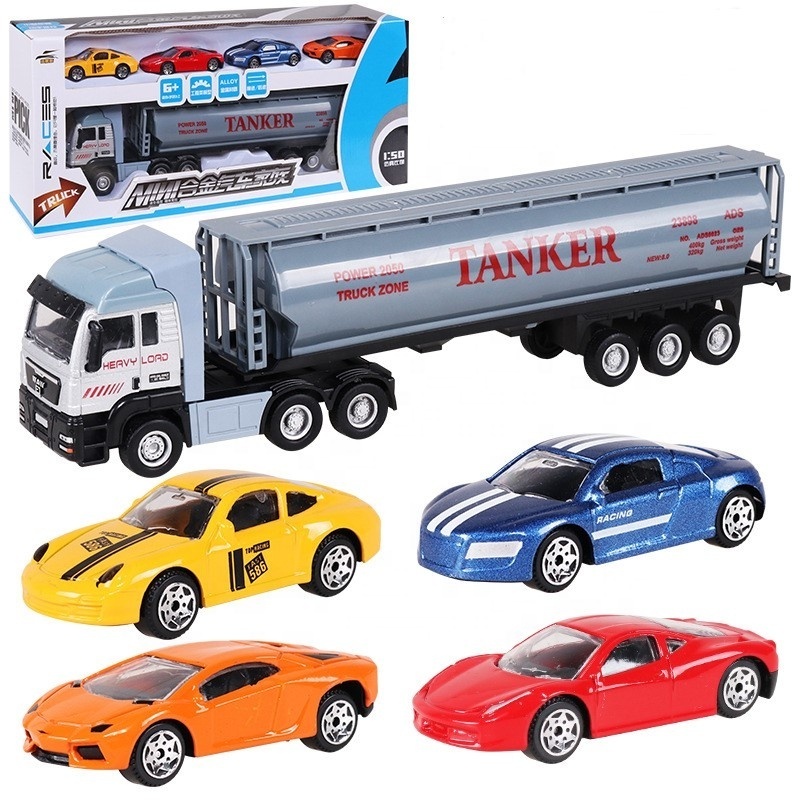 Hot 1:50 Alloy Container Truck 1 diecast truck model + 4 diecast model car With  Pullback diecast toys