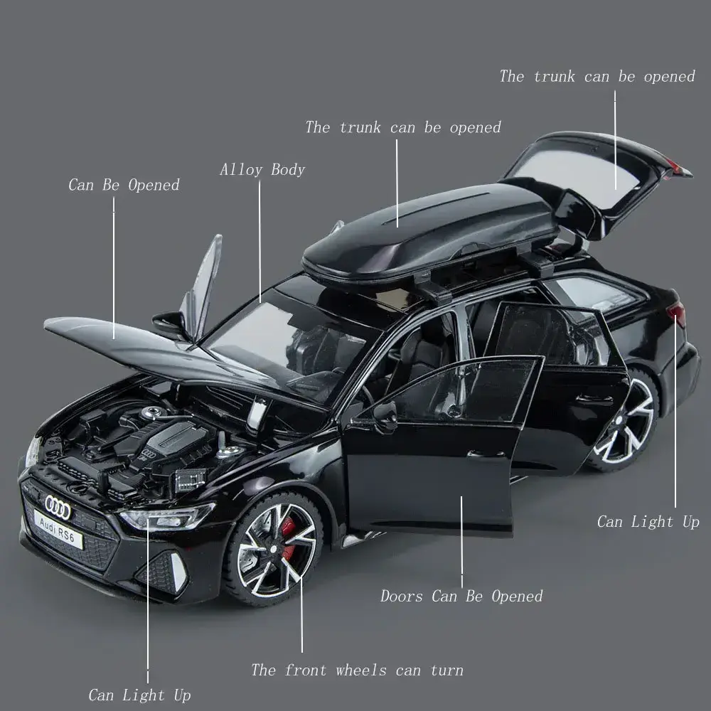 1:32 Audi RS6 Diecast Toy Car Model with Sound Light Doors Opened Alloy Model Vehicle Collection Toy for Boy Adult Festival Gift