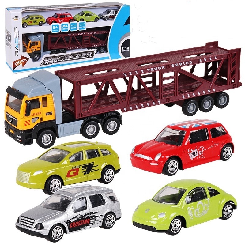 Hot 1:50 Alloy Container Truck 1 diecast truck model + 4 diecast model car With  Pullback diecast toys