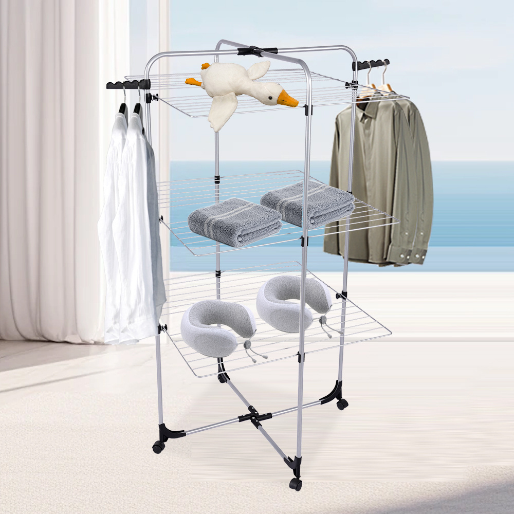 Factory Direct Sale Floor Iron Laundry Room Foldable Clothes Drying Rack With Wheels 3-Tier