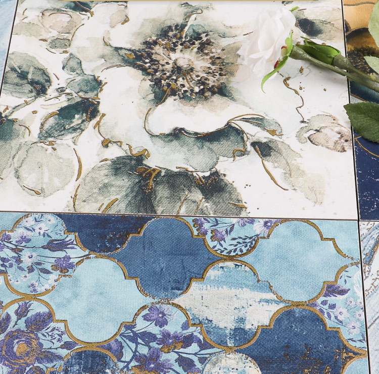 200X200 Blue matt ocean azure decorative tiles light luxury gold  porcelain tile bathroom kitchen wall tile for villa hotel