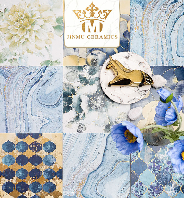 200X200 Blue matt ocean azure decorative tiles light luxury gold  porcelain tile bathroom kitchen wall tile for villa hotel