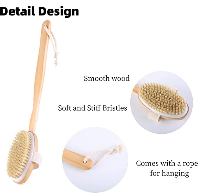 Shower Wooden Bath Brush with Soft and Stiff Bristles Back Scrubber Long Handle Body Scrubs for Body Shower Back and Feet Women