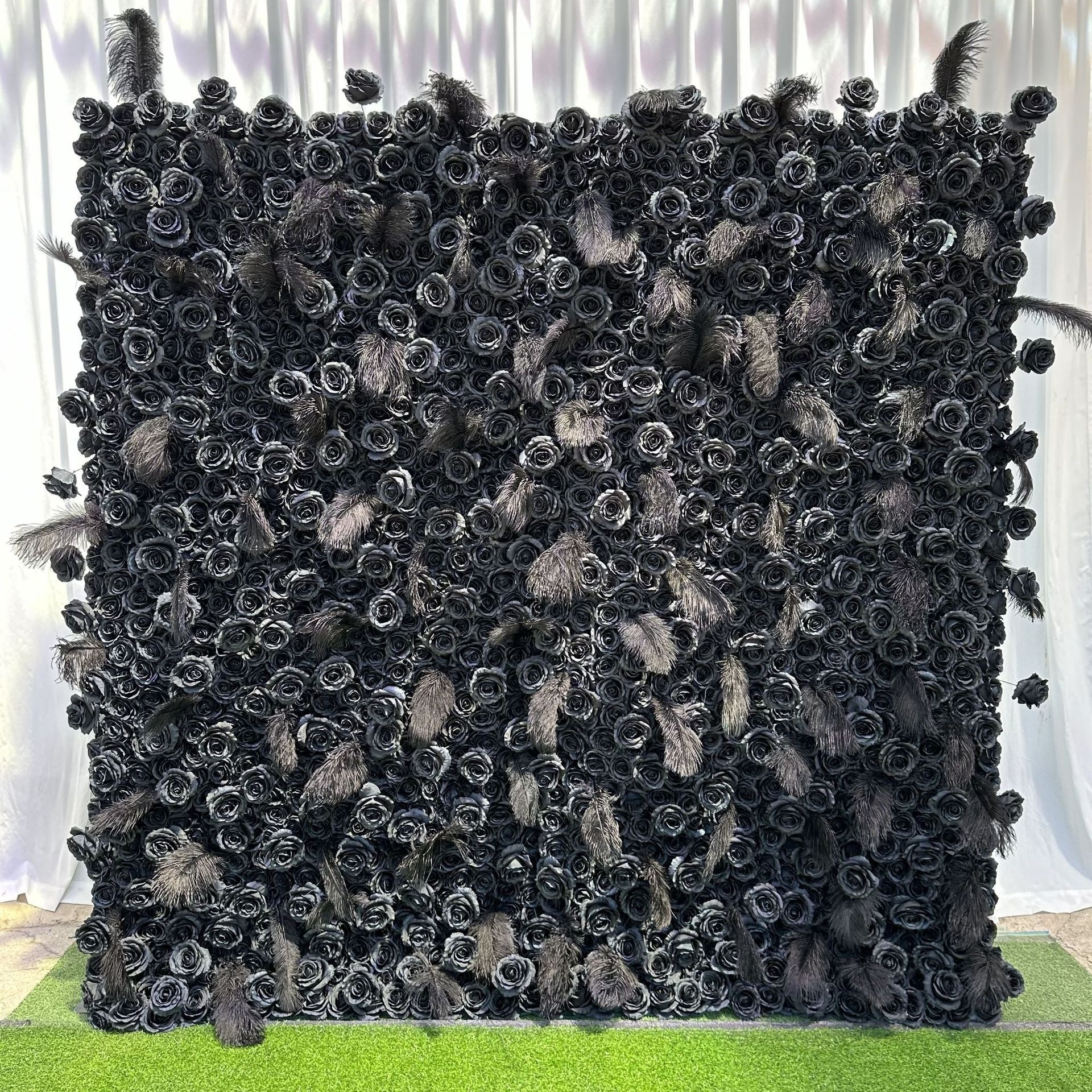 Wholesale Artificial Floral Rose Feathered Black Flower Wall Panel Backdrops Wedding Events Graduation Party Birthday Decoration