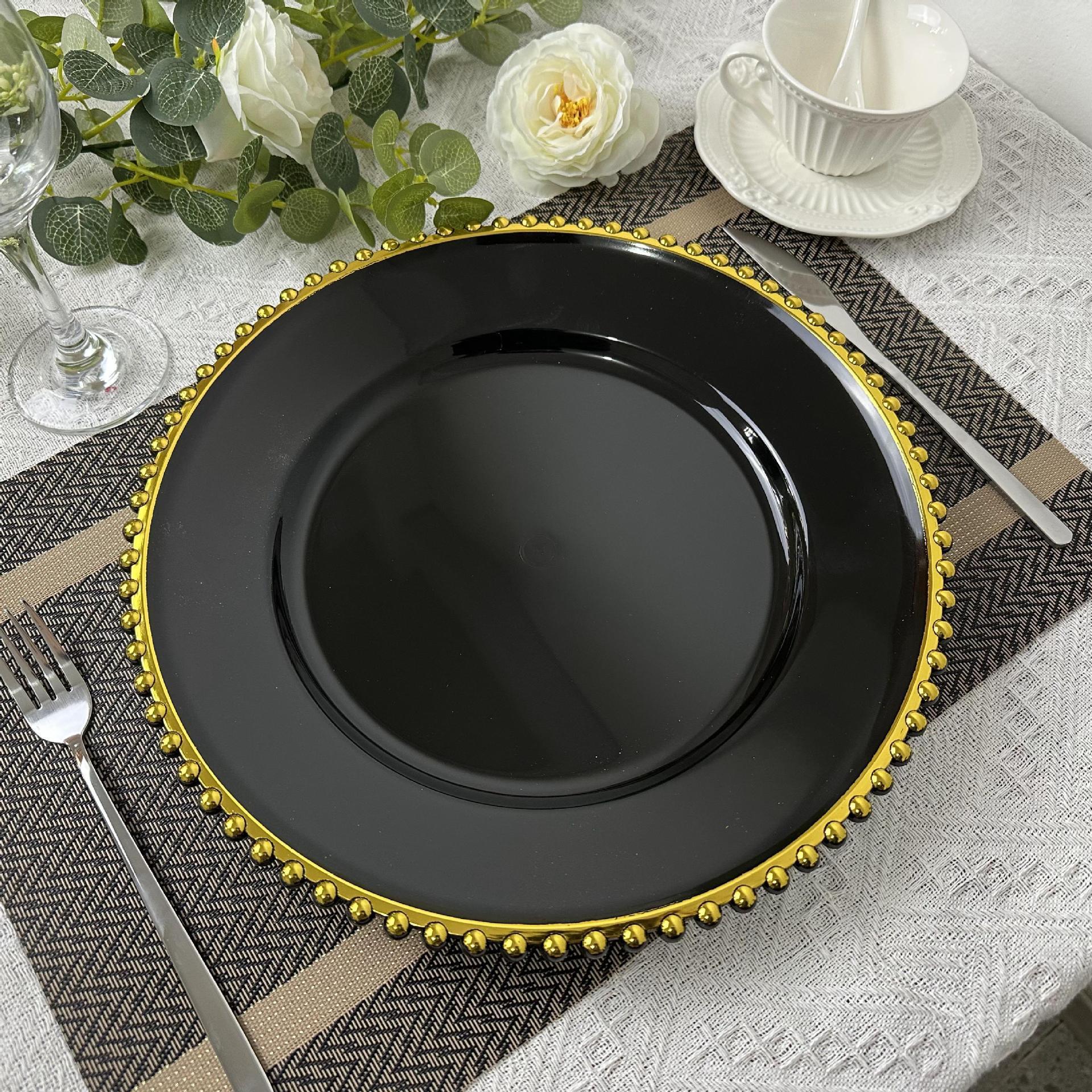 13 Inch Black Charger Plate Gold Rim Beaded Plastic Round Dinner Plates for Restaurant Party Wedding Events Decoration