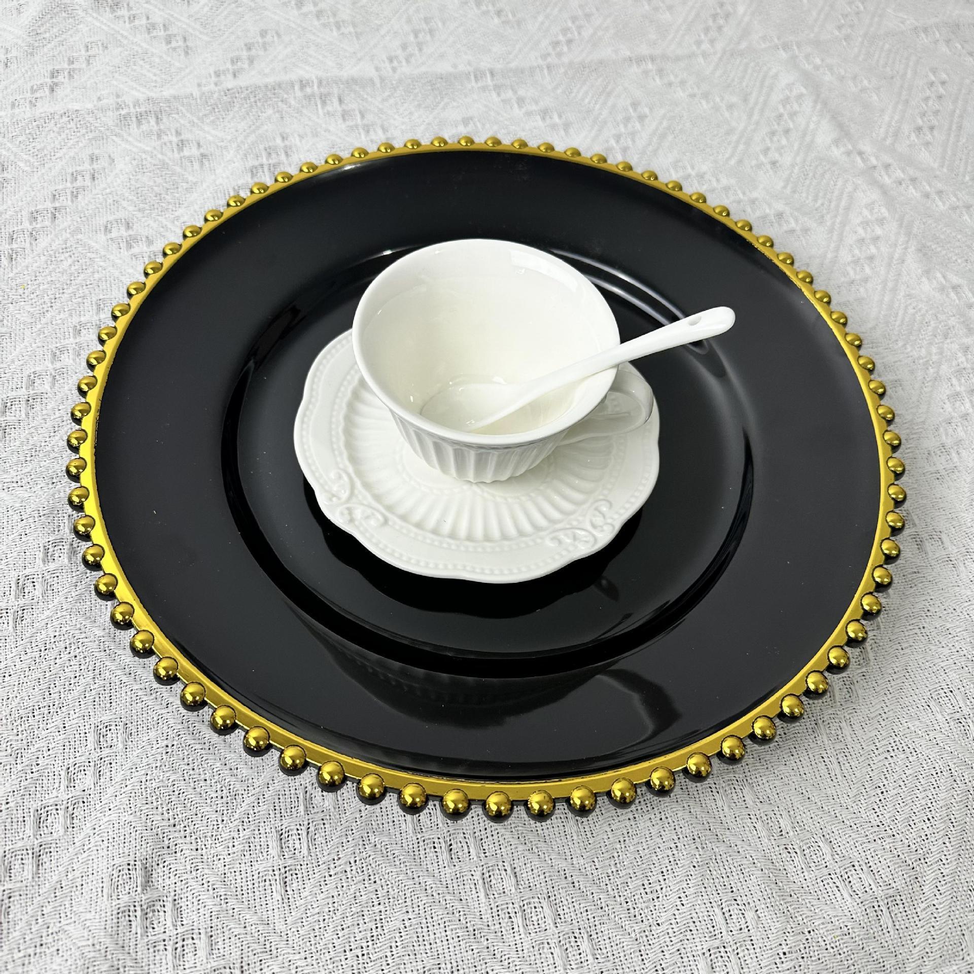 13 Inch Black Charger Plate Gold Rim Beaded Plastic Round Dinner Plates for Restaurant Party Wedding Events Decoration