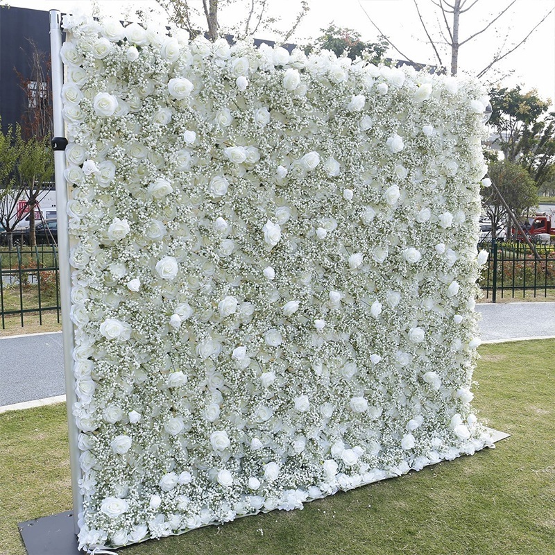 Artificial Flower 5d 3d Roll Up Fabric Flower Wall Wedding Party Events Decor White Rose Gypsophila Panel Backdrop Floral Wall