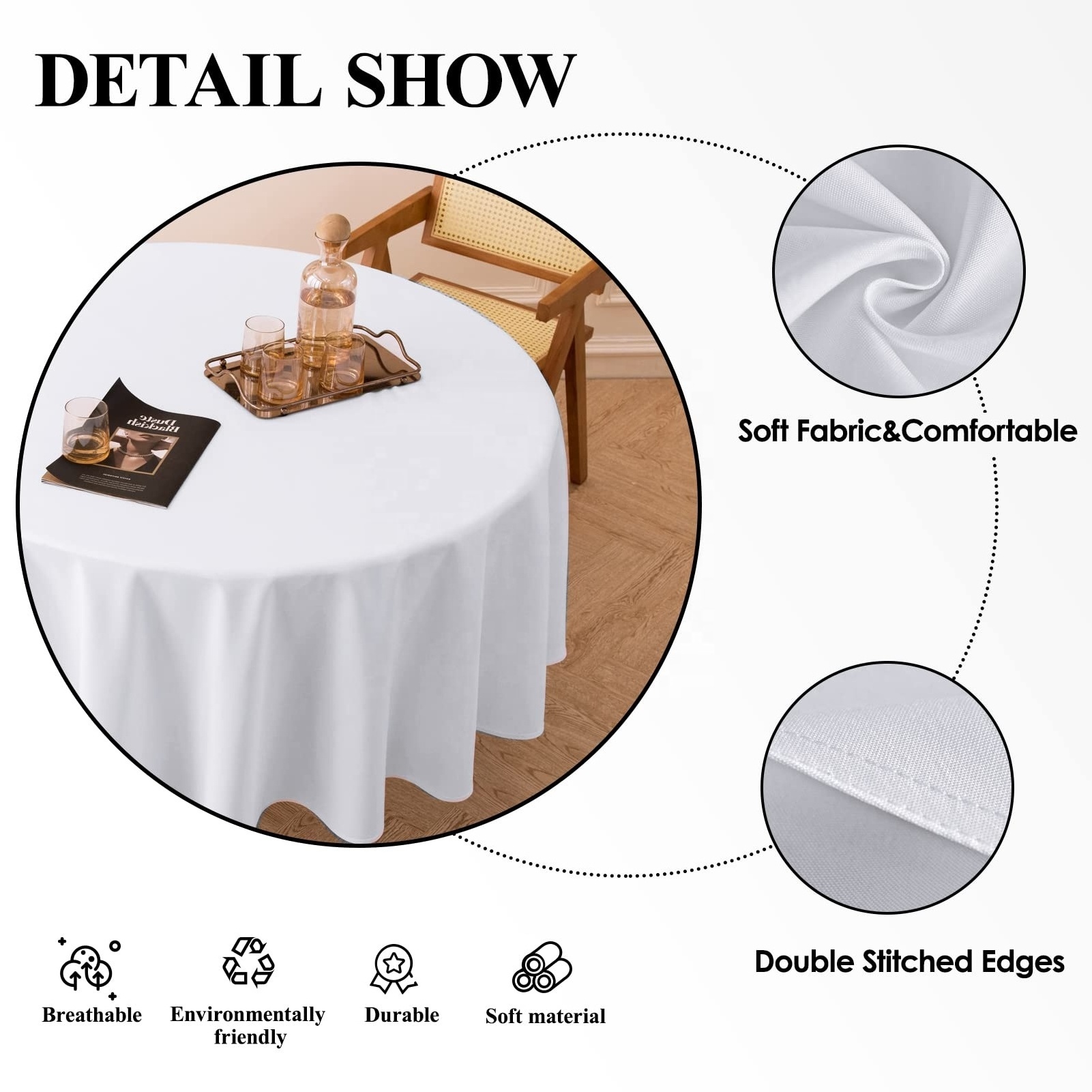 Custom White 120 132 Inch Round Tablecloths Luxury Fabric Table Cloths Cover for Restaurants Hotels Wedding Party Outdoor Events