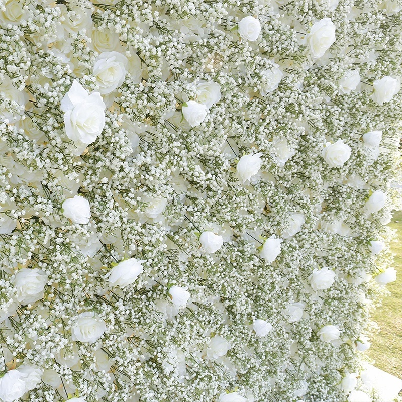 Artificial Flower 5d 3d Roll Up Fabric Flower Wall Wedding Party Events Decor White Rose Gypsophila Panel Backdrop Floral Wall