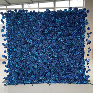 Handmade Rolled Up Flower Wall Curtains Blue Cloth Fabric Silk Floral Panels Artificial Flower Walls Wedding Backdrop Decoration