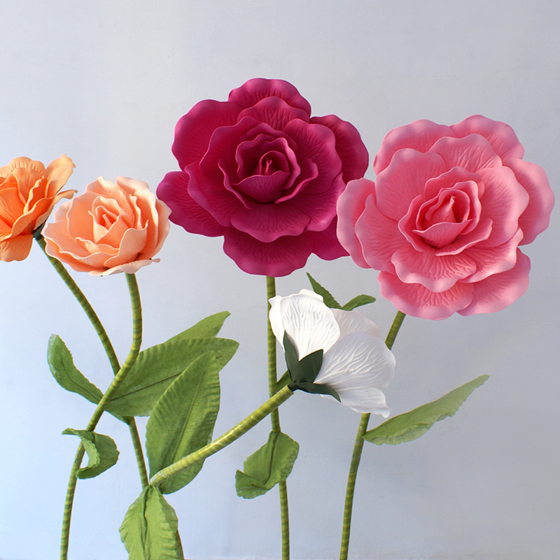 Wholesale large artificial flower heads white giant PE EVA polyurethane long stem foam roses flower