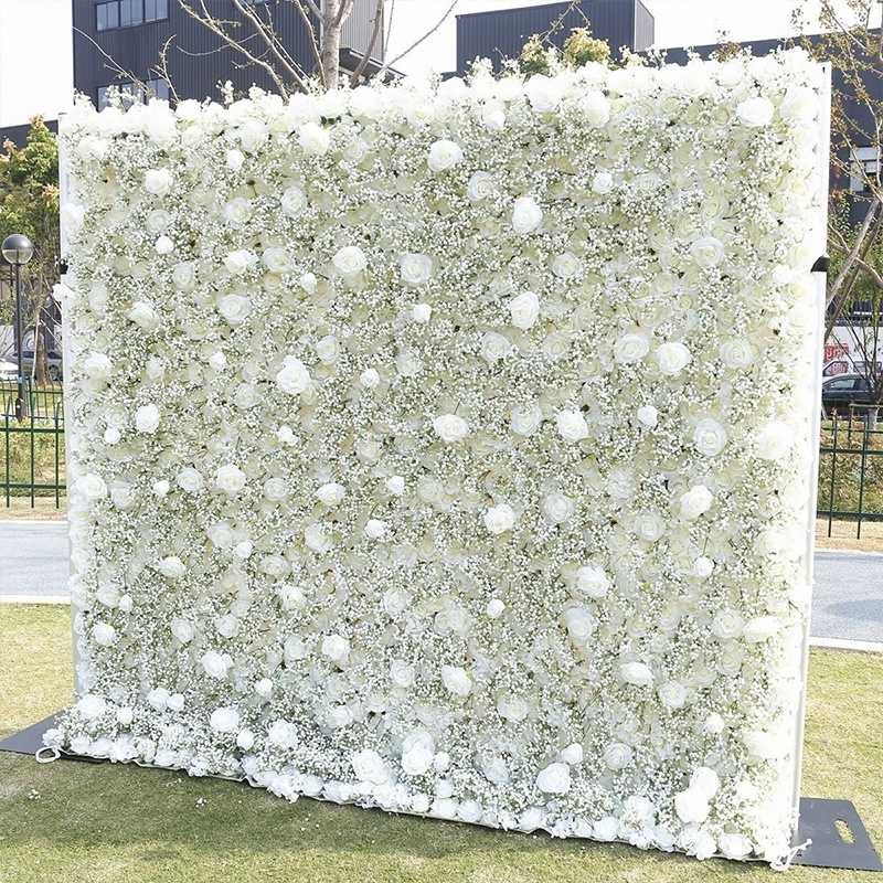 Artificial Flower 5d 3d Roll Up Fabric Flower Wall Wedding Party Events Decor White Rose Gypsophila Panel Backdrop Floral Wall