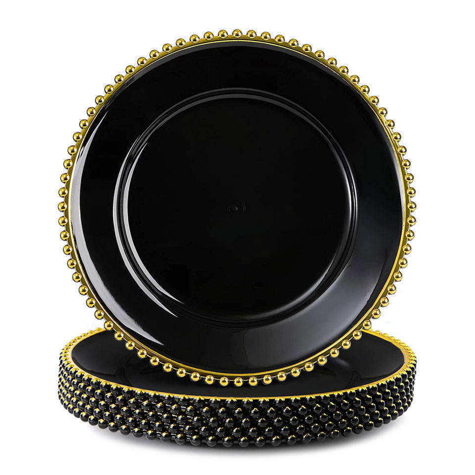 13 Inch Black Charger Plate Gold Rim Beaded Plastic Round Dinner Plates for Restaurant Party Wedding Events Decoration