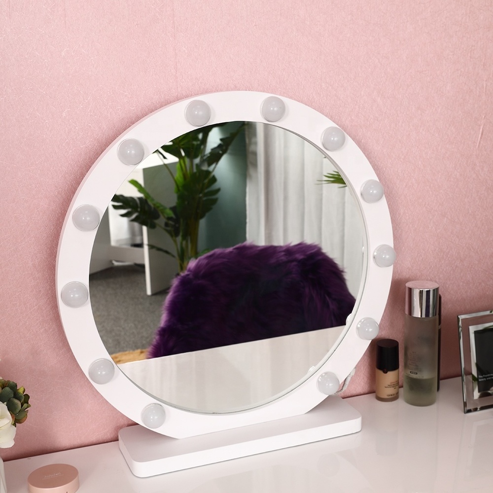 Round shape White color Frame makeup table vanity mirror lighted small led bulbs dimmer three color temperature