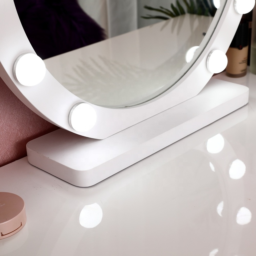 Round shape White color Frame makeup table vanity mirror lighted small led bulbs dimmer three color temperature