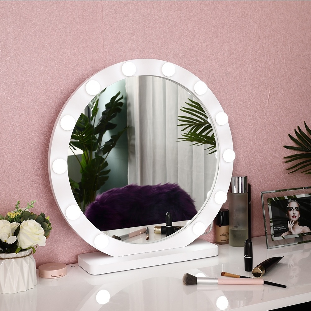 Round shape White color Frame makeup table vanity mirror lighted small led bulbs dimmer three color temperature