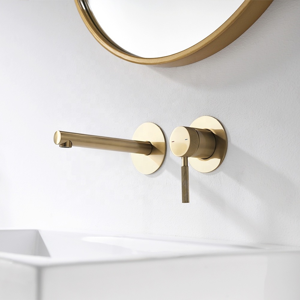 Aideal knurled design wall mounted brushed gold concealed brass basin faucet for bathroom