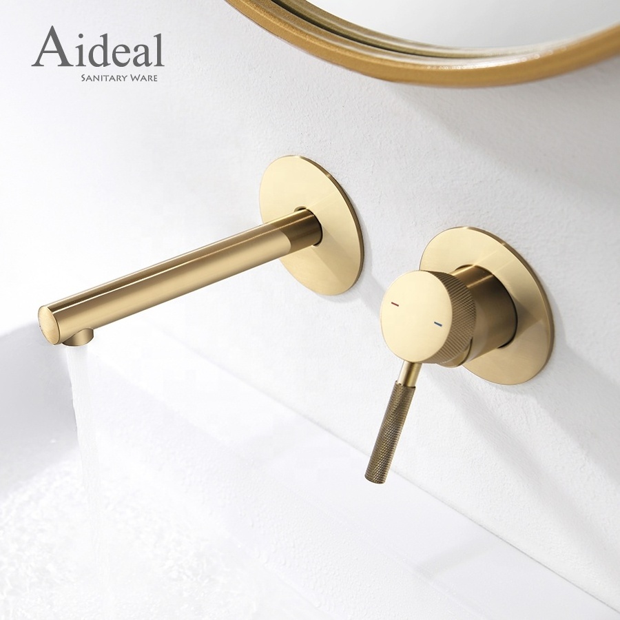 Aideal knurled design wall mounted brushed gold concealed brass basin faucet for bathroom