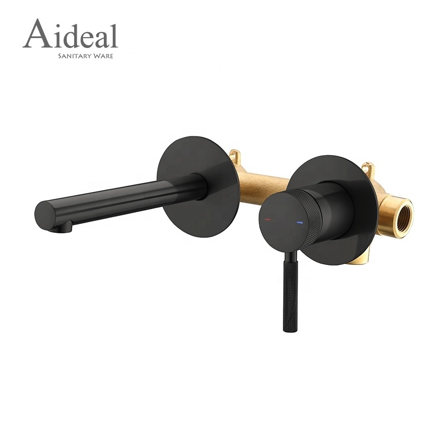 Factory supplier matte black wall mounted single handle brass knurled design wall basin faucet