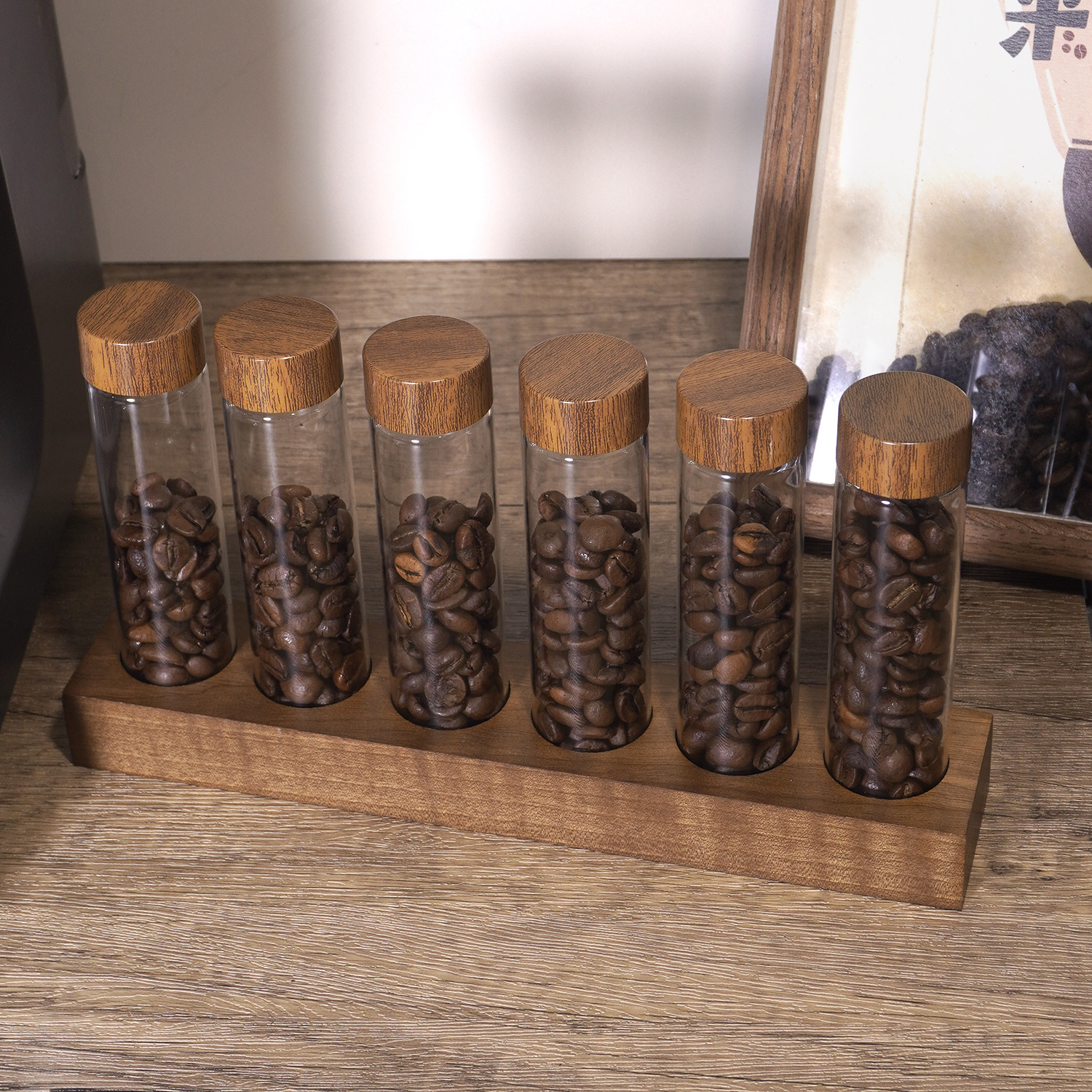 Walnut Wooden Display Rack Stand Glass Test Tubes For Single Dose Coffee Beans Storage Tubes Barista Tools Accessories