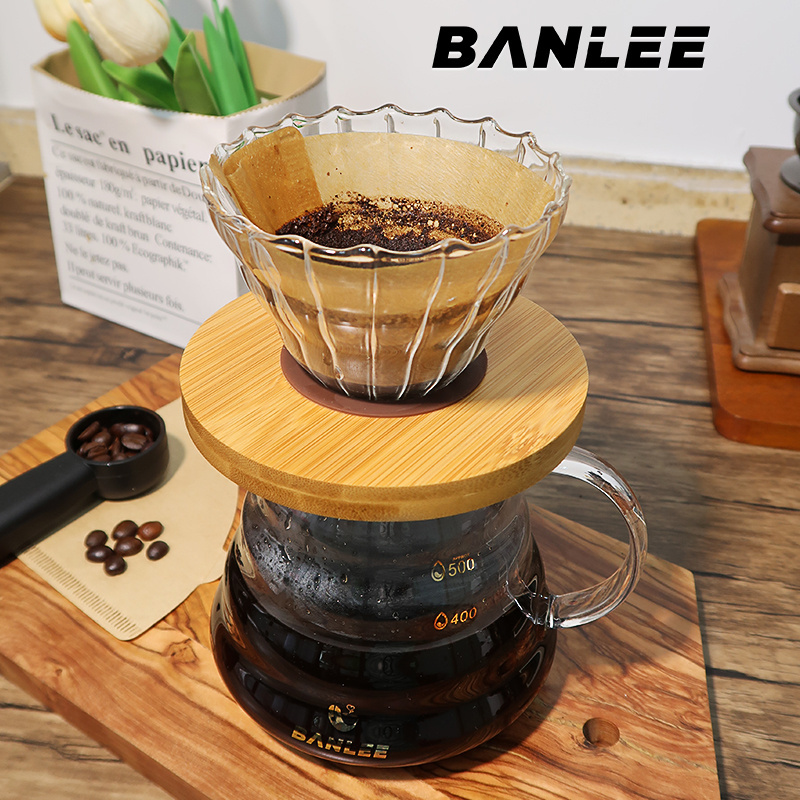 Banlee Coffee heat resistant clear pour over coffee maker 600ml wood handle share Drip glass coffee pot