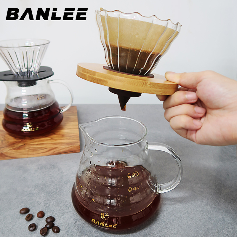 Banlee Coffee heat resistant clear pour over coffee maker 600ml wood handle share Drip glass coffee pot