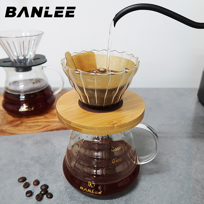 Banlee Coffee heat resistant clear pour over coffee maker 600ml wood handle share Drip glass coffee pot