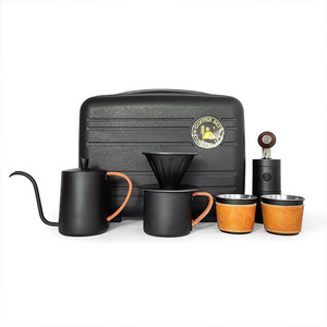 Best Selling Pour Over Drip Kettle With Manual Grinder Premium Gift Box Outdoor Travel Portable Coffee Maker Set